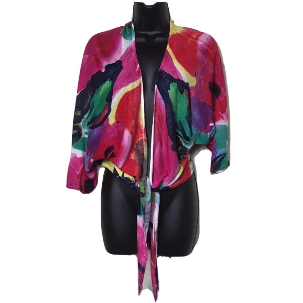 One 7 Six Tie Waist  Floral Open Cardigan Rayon Corton Sweater Size Medium